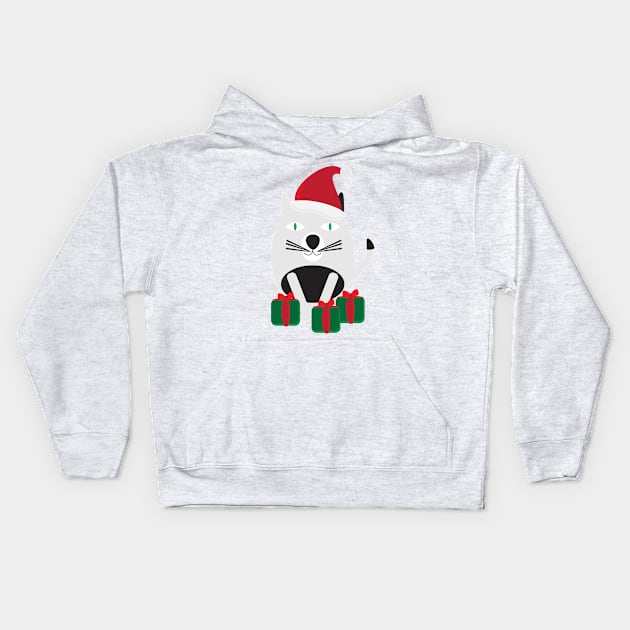 White Black Cartoon Cat with Santa Hat and Green Red Gifts Kids Hoodie by sigdesign
